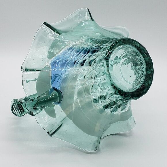 Teal White Blue Art Glass Ruffled Waffle Fruit Basket with Handle - Picture 4 of 15